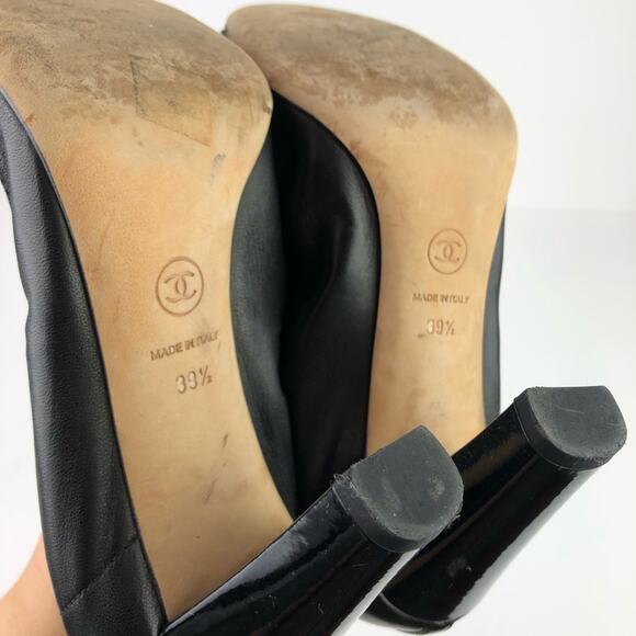 Chanel Black Lambskin Leather Ruffle CC Logo Patent Cap Toe Heels. Authentic. - Picture 13 of 14